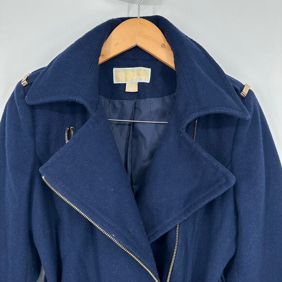 Michael Kors Wool Blend Belted Peacoat Classic Preppy Collared Jacket Navy Blue - Picture 6 of 15